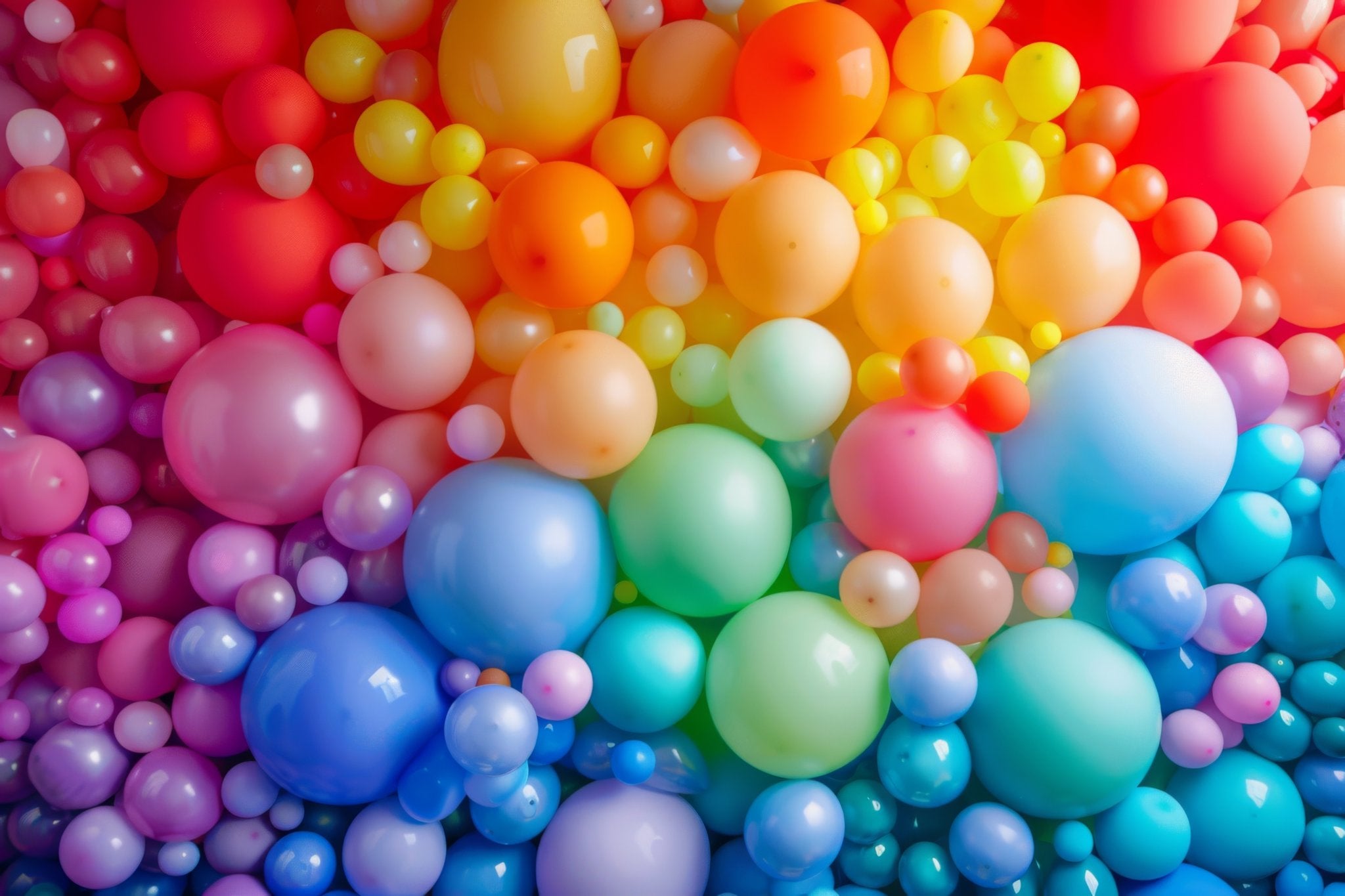 A vibrant, close-up view of a large collection of pearlized latex balloons in various sizes and colors, arranged in a dense, overlapping pattern.