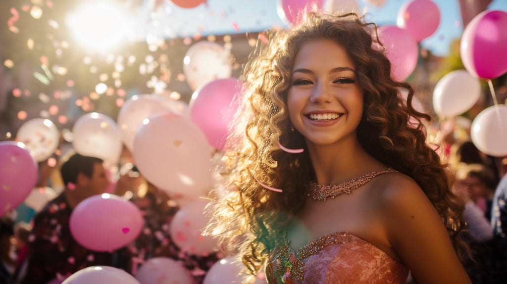Young woman smiling with pearlized white and pink balloons and confetti in the background