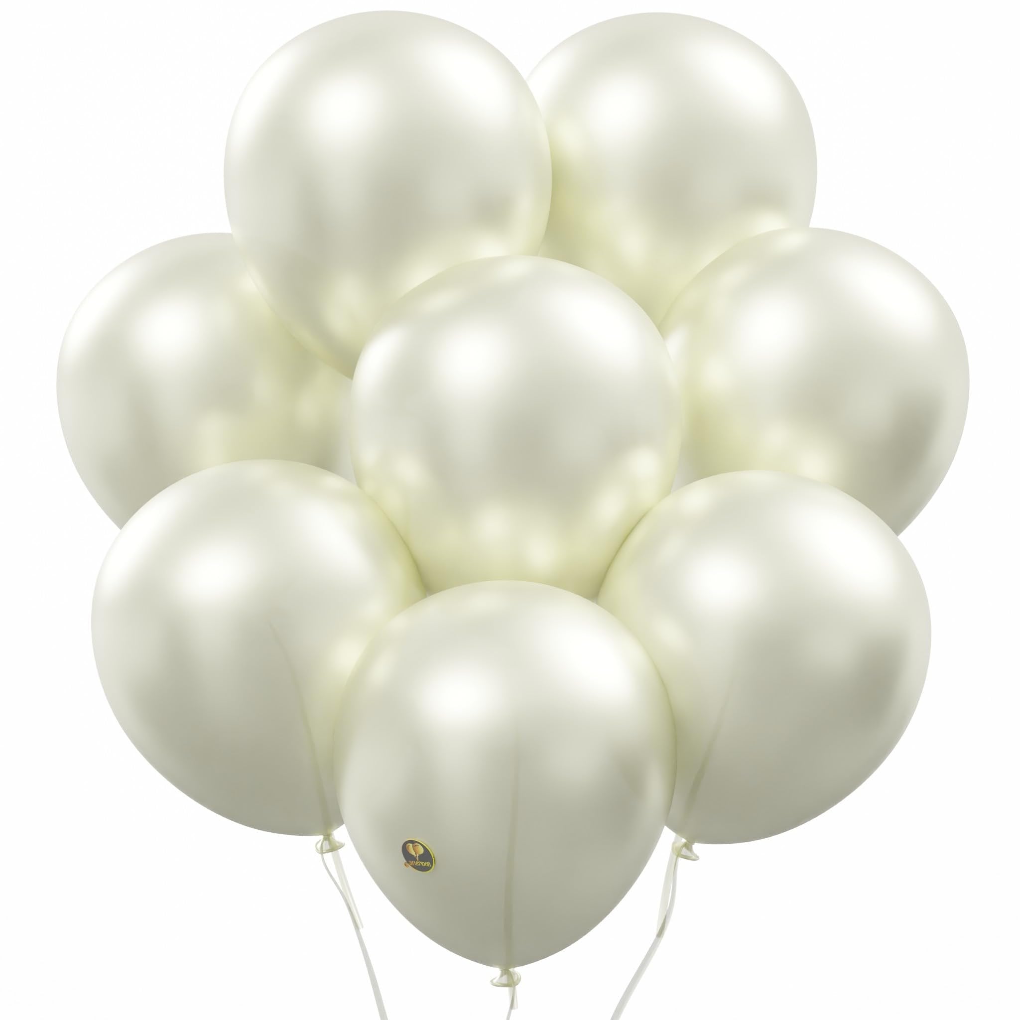 Cluster of pearlized white latex balloons with white strings against a white background.