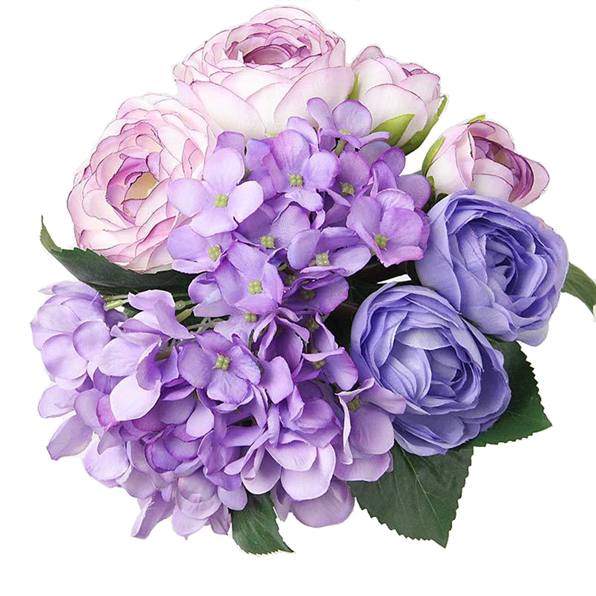 Artificial silk hydrangea and rose bouquet in shades of purple and pink, with green leaves, isolated on white.