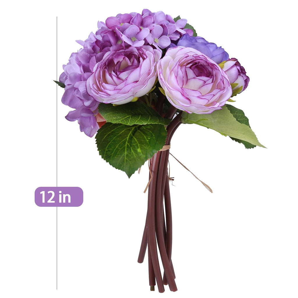 Artificial purple hydrangea and rose bouquet with green leaves, tied with twine, showing 12 inch measurement.