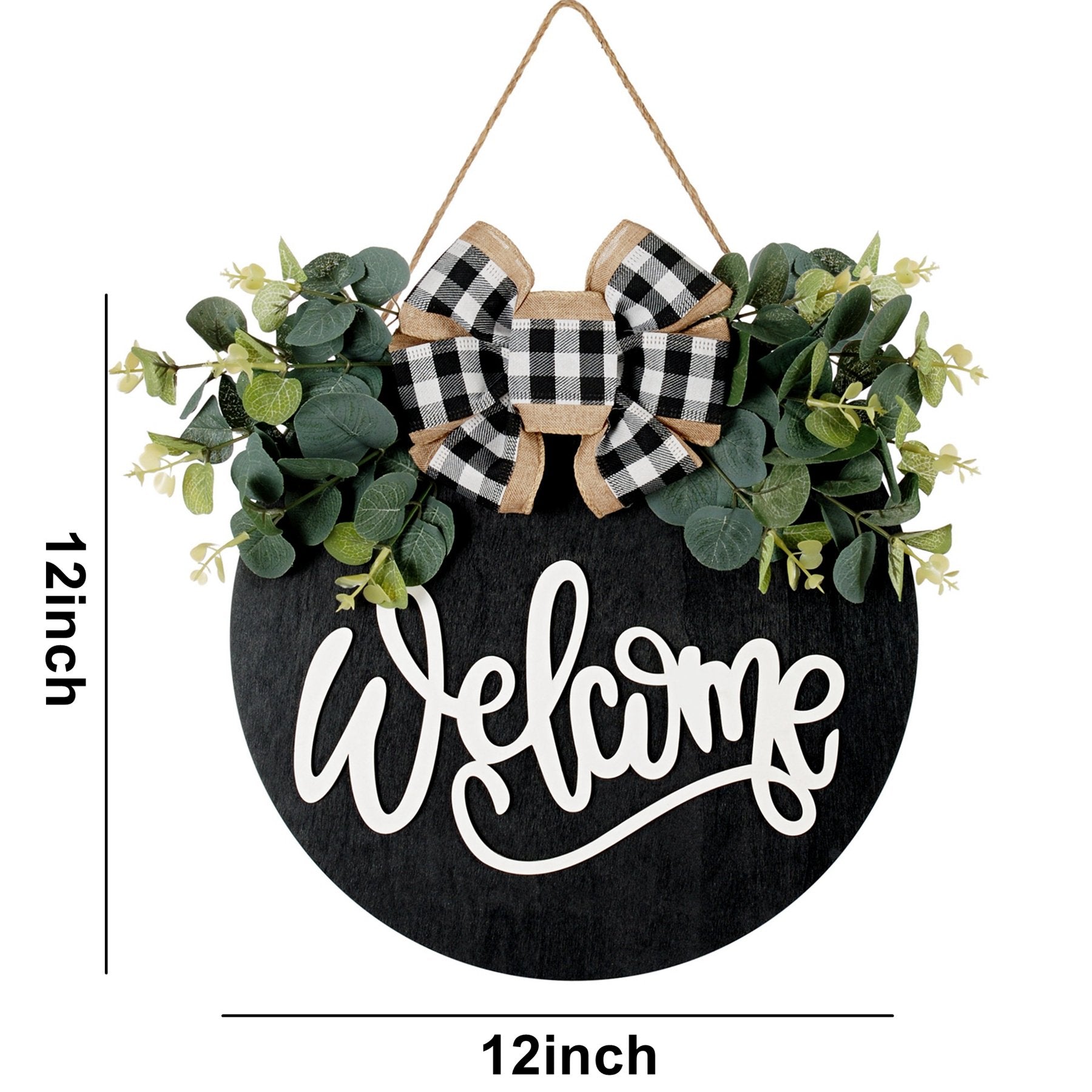 Round black wooden welcome sign with eucalyptus wreath and buffalo plaid bow, 12-inch diameter