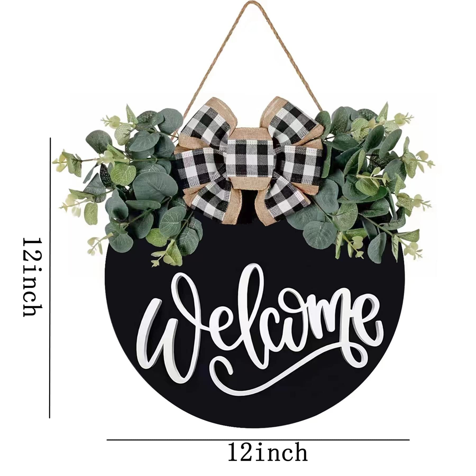 Round black welcome sign with eucalyptus wreath and plaid bow, 12-inch diameter