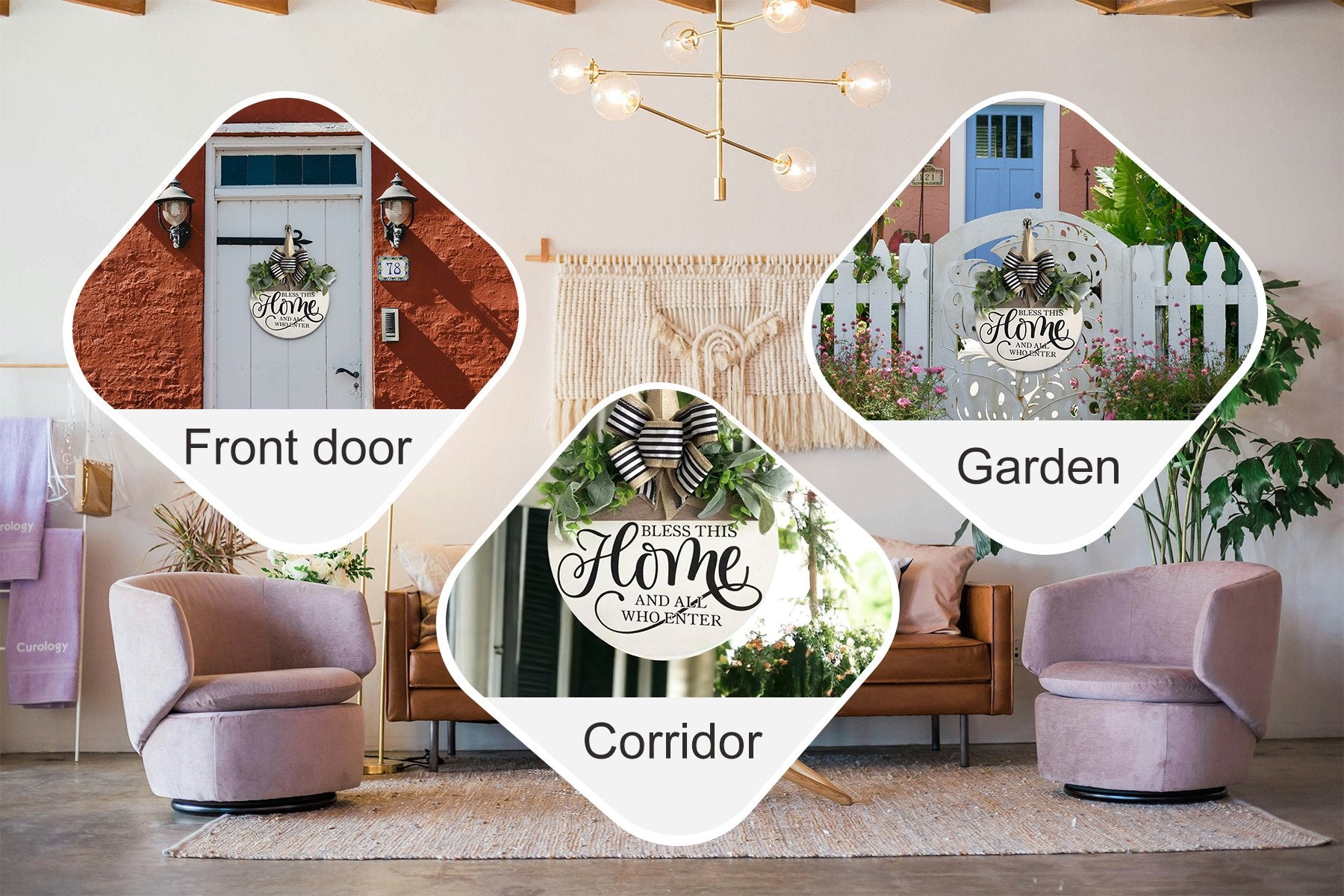 Collage of three circular images showing a round wooden welcome sign with greenery and a bow, displayed on a front door, in a corridor, and in a garden setting.