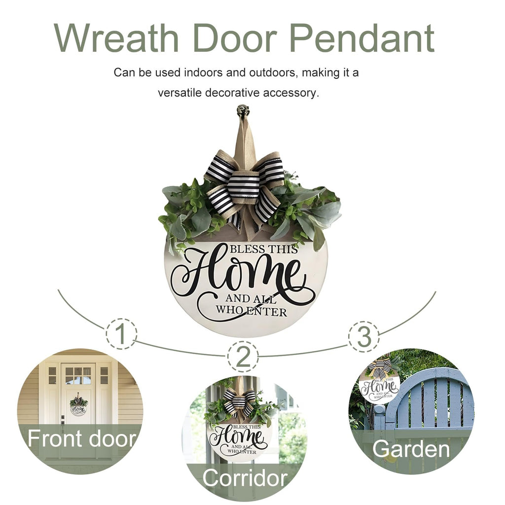 Round wooden welcome wreath with 'Bless This Home and All Who Enter' text, displayed on a front door, in a corridor, and in a garden.
