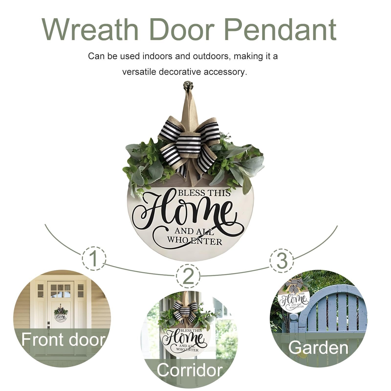 Round wooden welcome wreath with 'Bless This Home and All Who Enter' text, displayed on a front door, in a corridor, and in a garden.