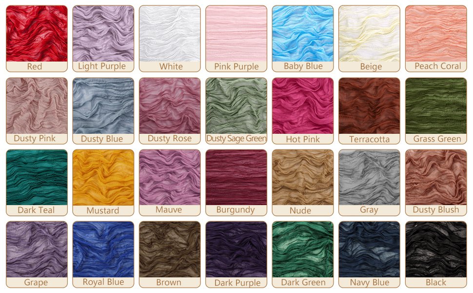Collage of 30 swatches of ruffled cheesecloth table runners in various colors, each labeled with its color name.