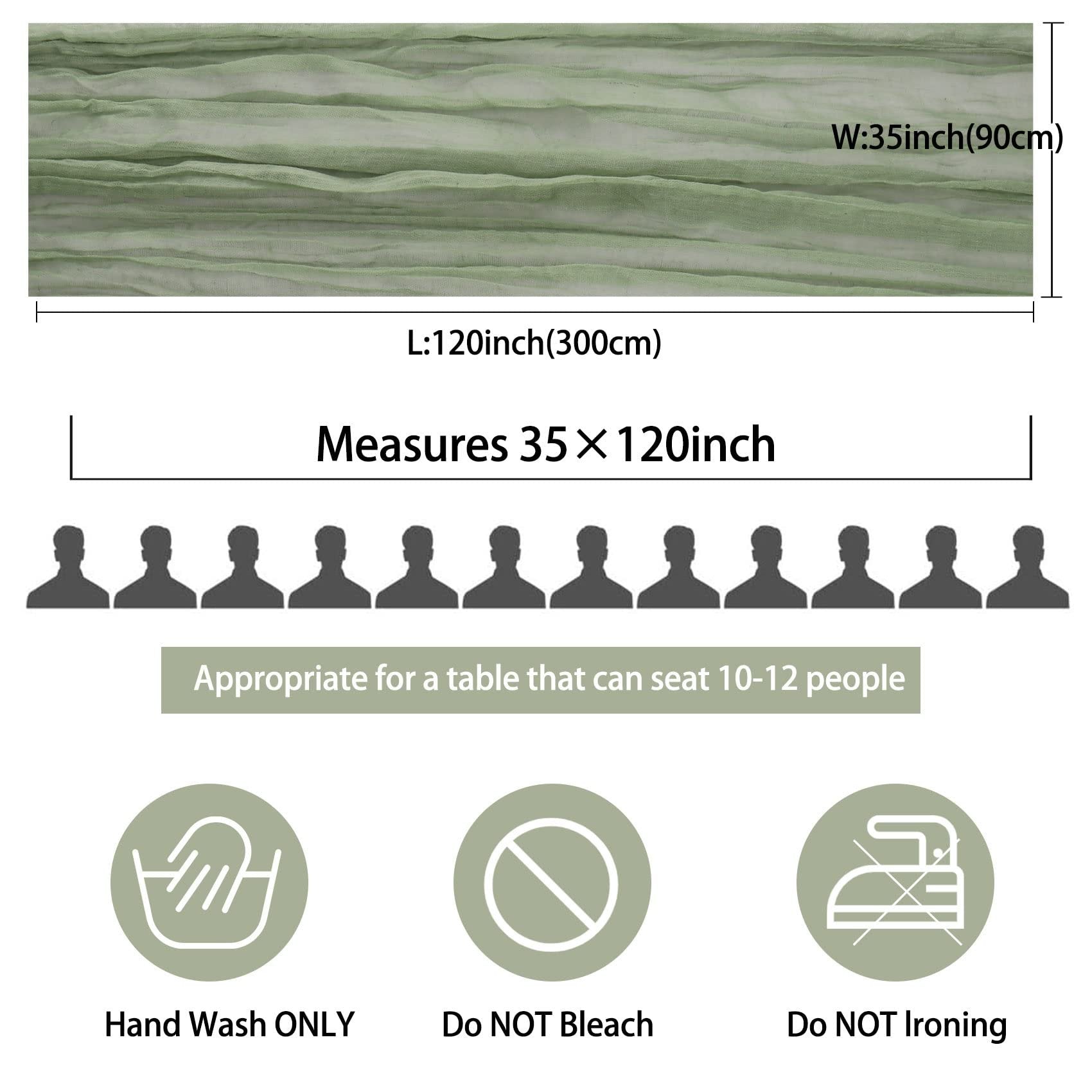 Dusty sage green cheesecloth table runner with dimensions and care instructions.