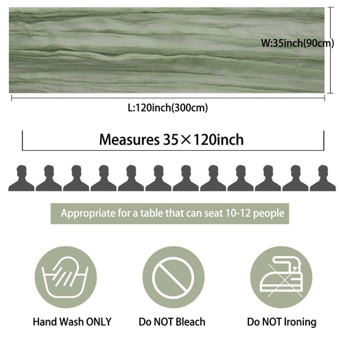 Dusty sage green cheesecloth table runner with dimensions and care instructions.