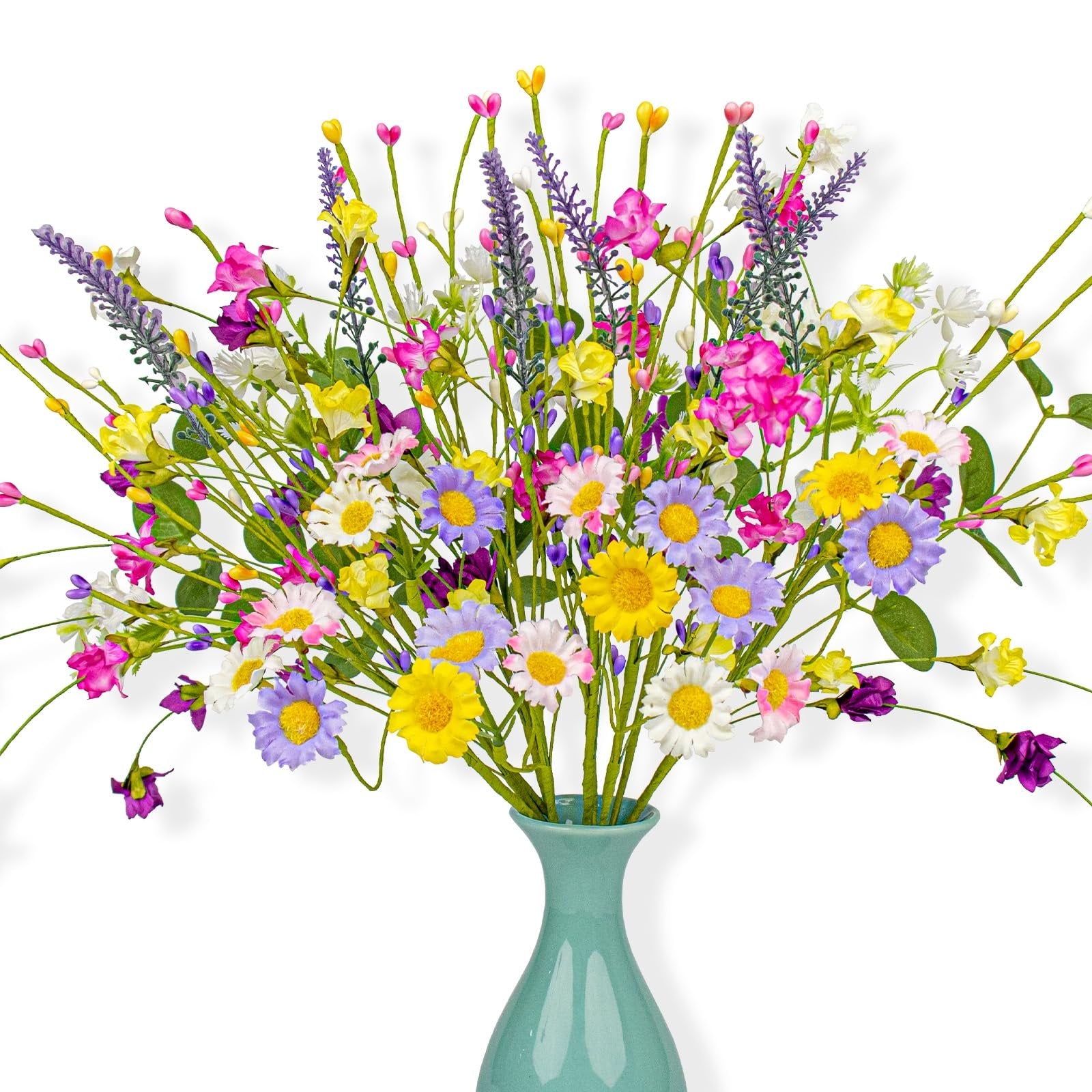 Artificial spring floral arrangement with daisies, wildflowers, and pip berries in a teal vase.
