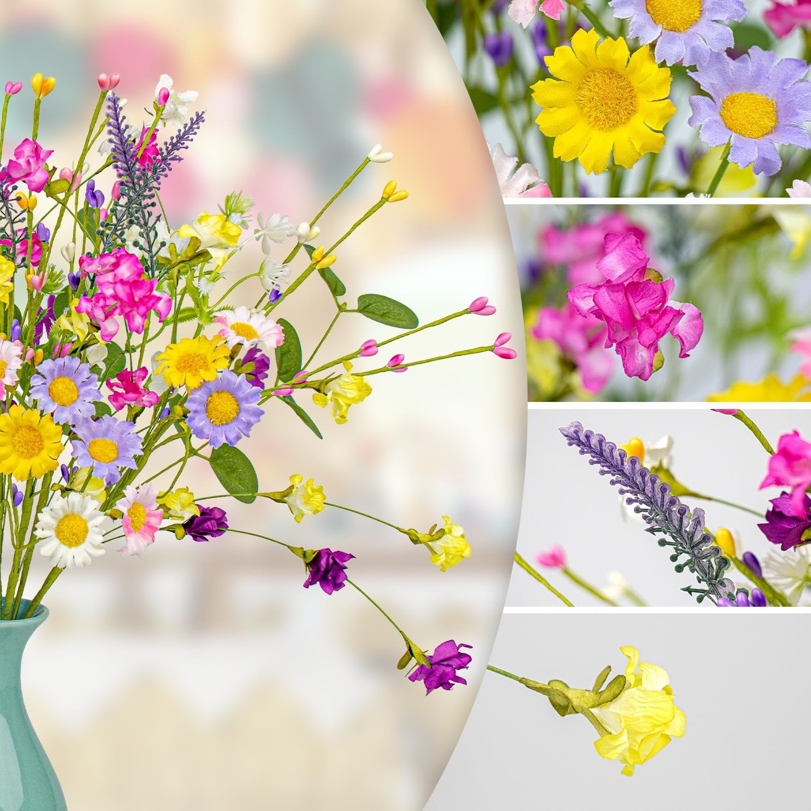 Arrangement of artificial spring flowers including daisies, wildflowers, and pip berries in a teal vase, with close-up insets of individual blooms.