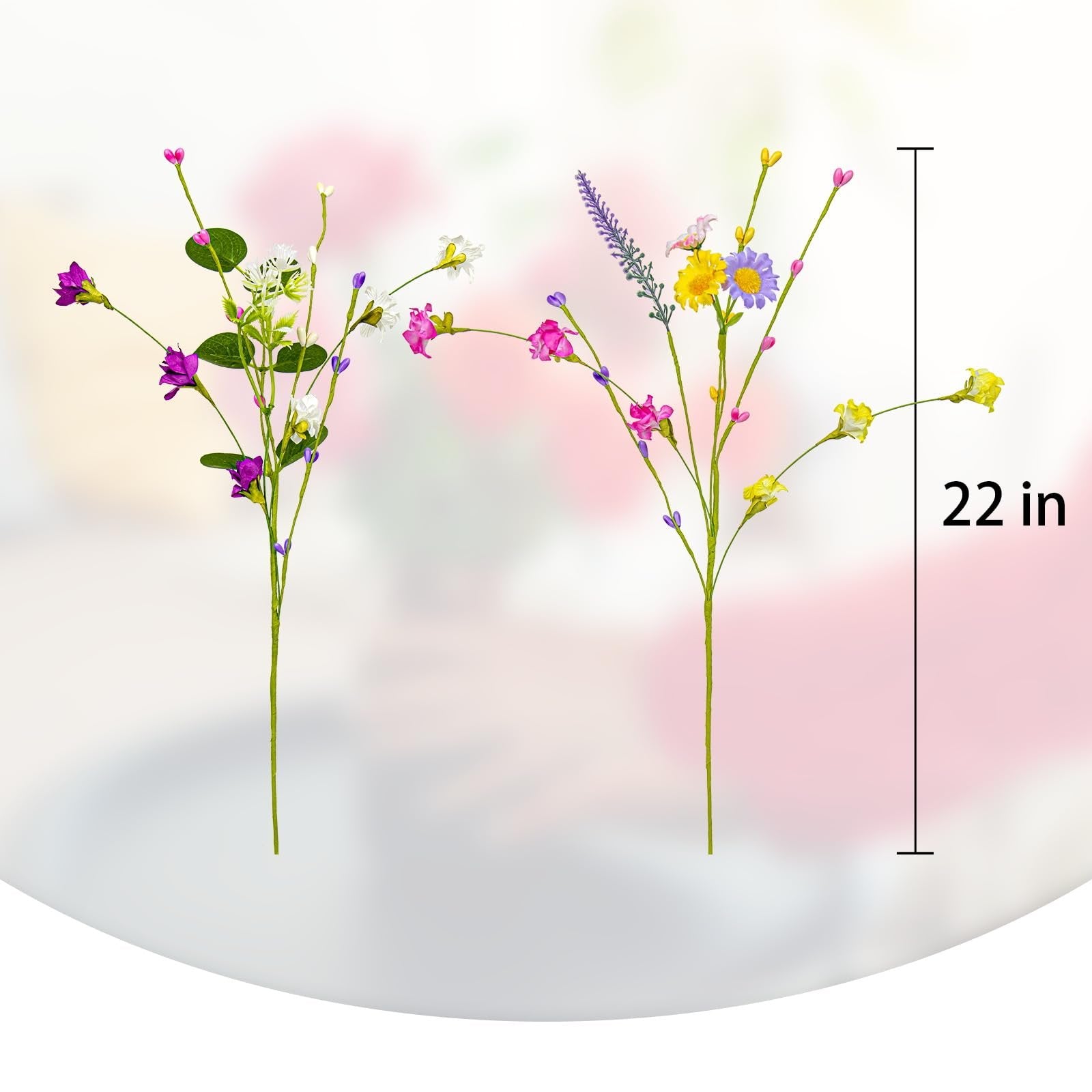 Two artificial floral stems with purple, white, pink, and yellow flowers and green leaves, with a height indicator showing 22 inches.