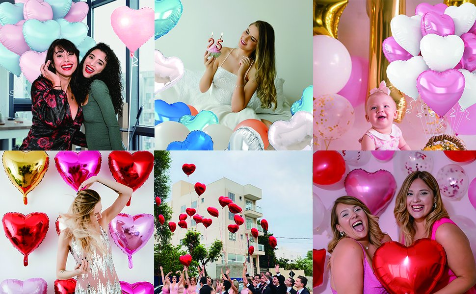 Collage of heart-shaped foil balloons in various colors and settings, including people celebrating and a baby.