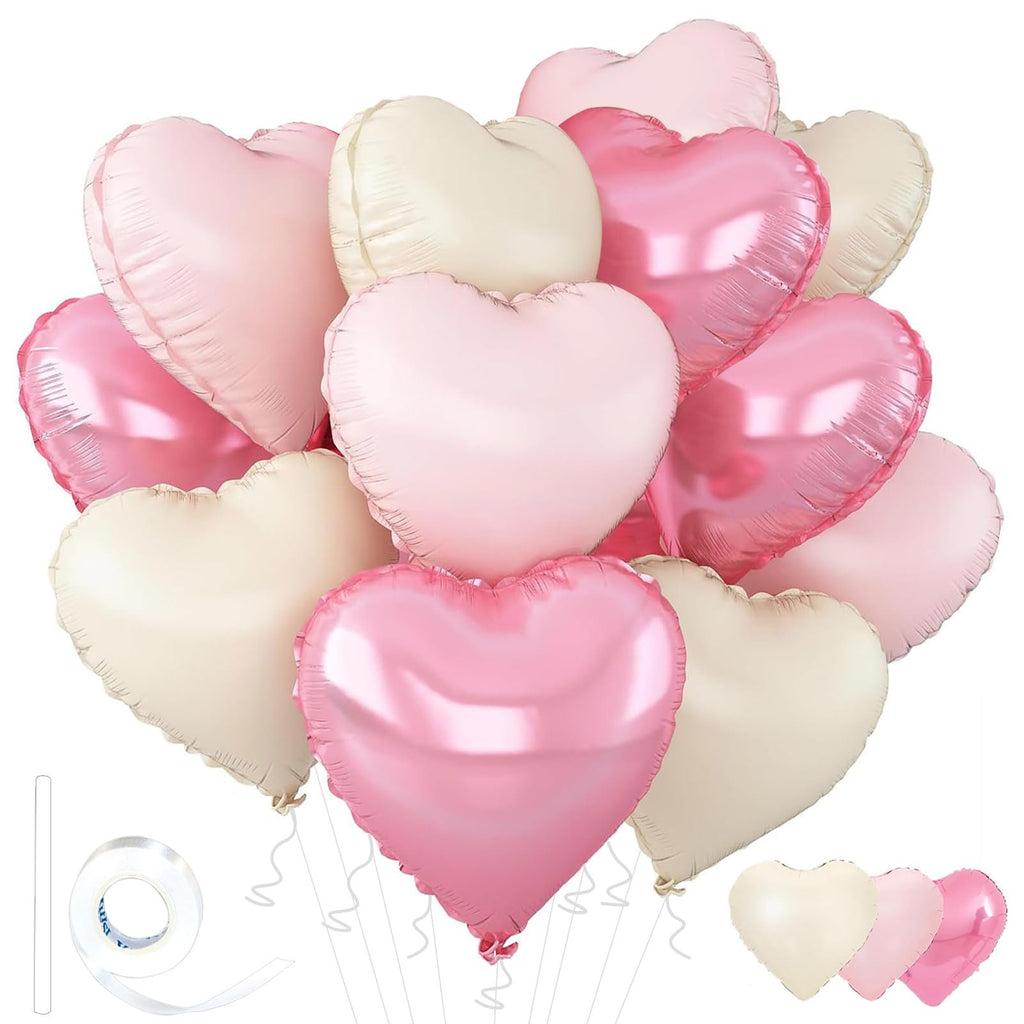 A cluster of heart-shaped foil balloons in bright pink, pastel pink, and pastel white, with a roll of adhesive tape and a straw shown on the left.