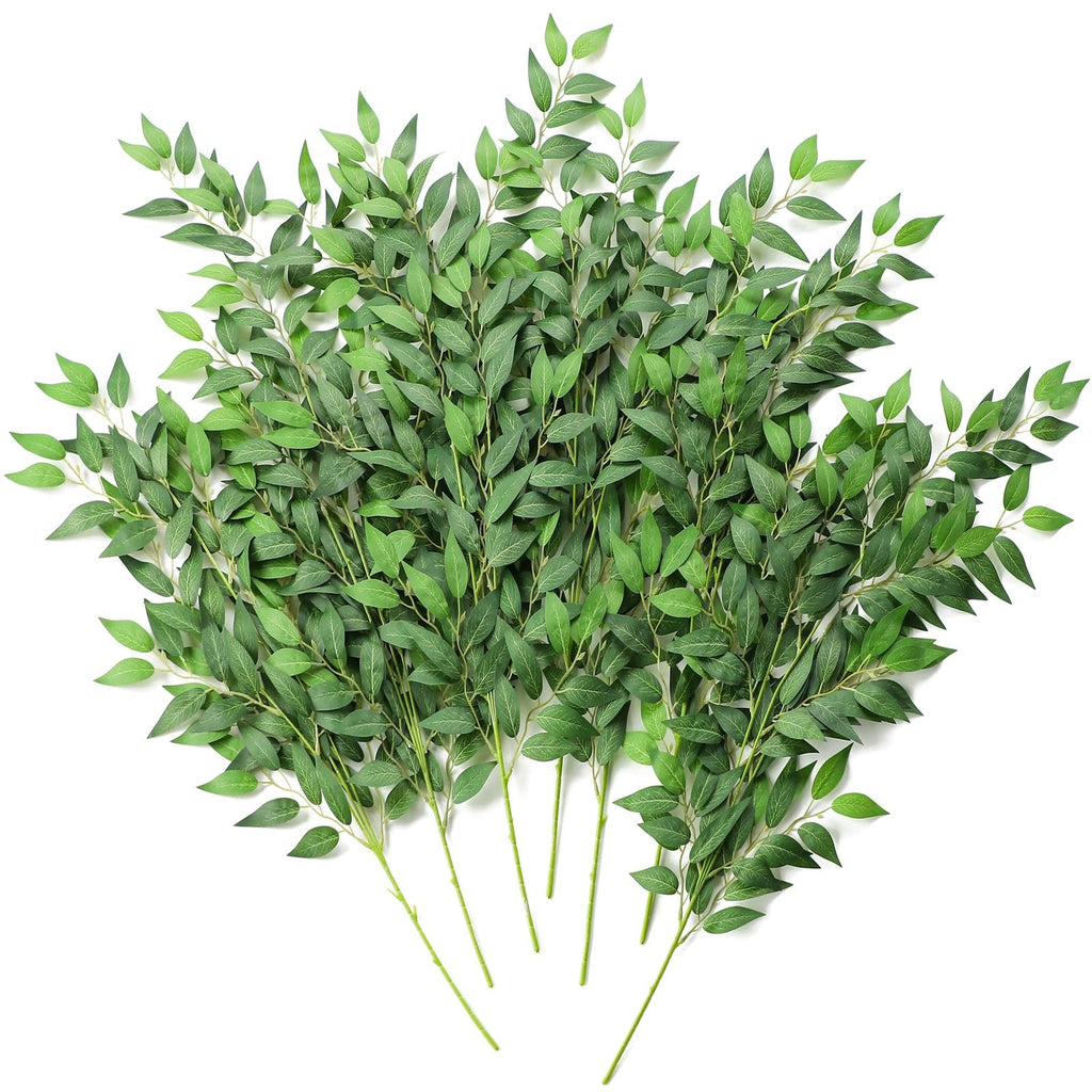 A fanned arrangement of 12 artificial Italian Ruscus greenery stems with green leaves and wire stems on a white background.