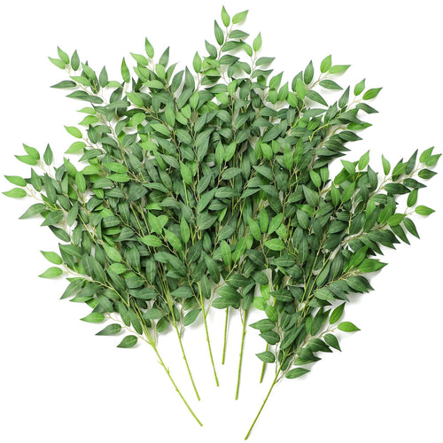 A fanned arrangement of 12 artificial Italian Ruscus greenery stems with green leaves and wire stems on a white background.