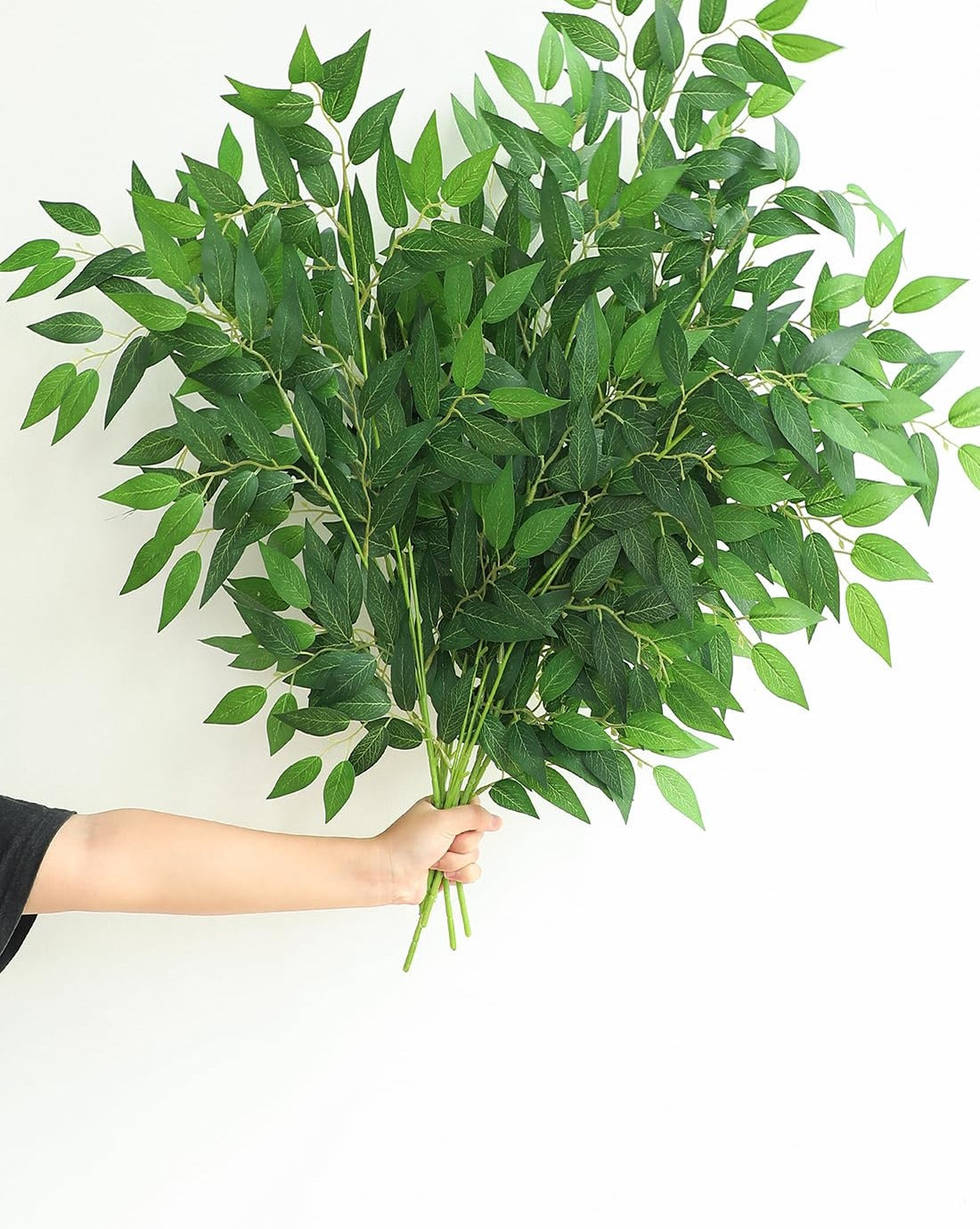 Hand holding a bunch of artificial Italian Ruscus greenery stems with green leaves against a white background.