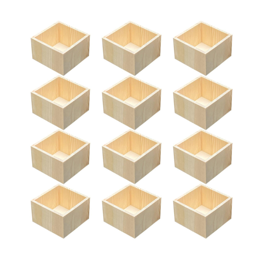 Twelve unfinished pine wood boxes arranged in a 4x3 grid on a white background.