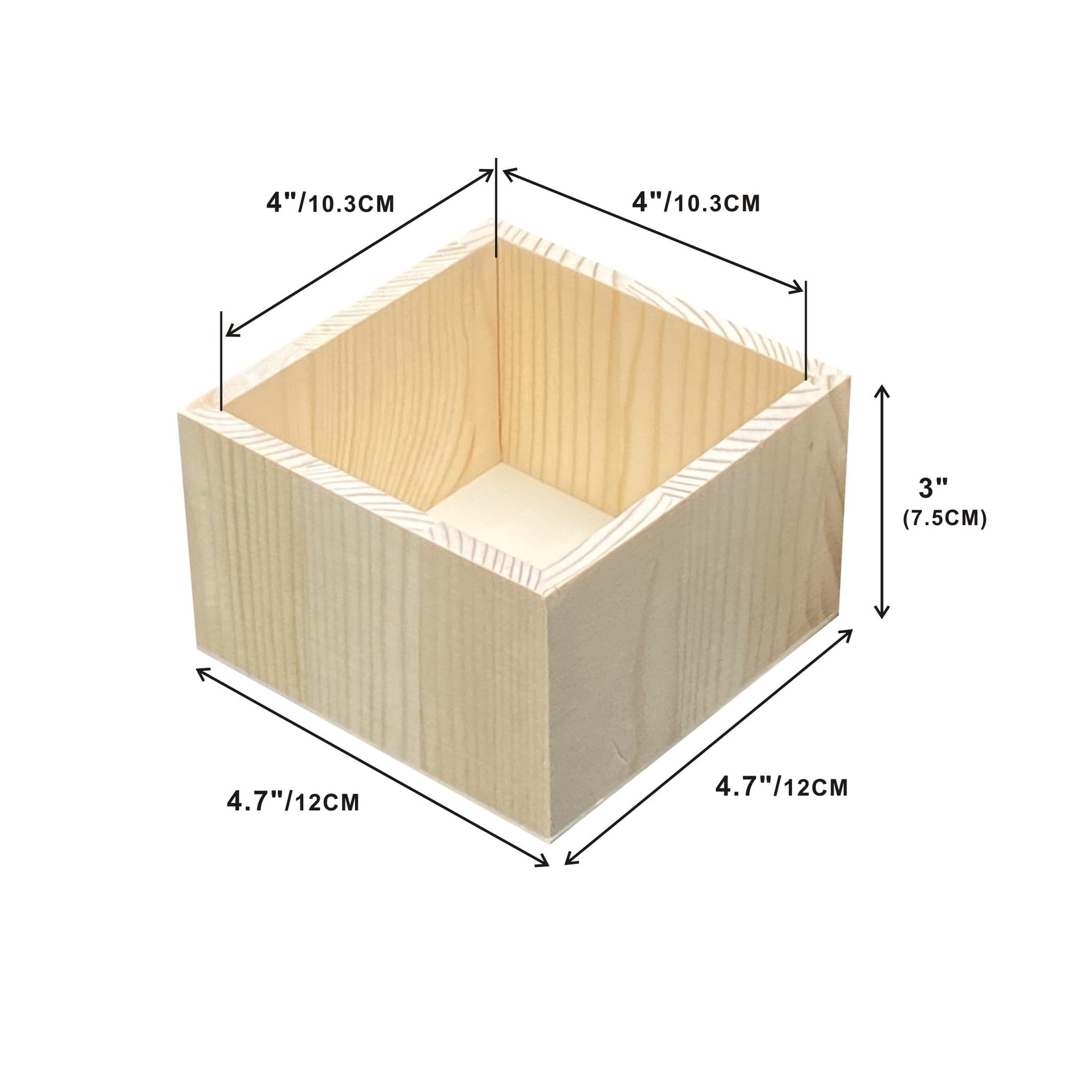 Unfinished pine wood box with dimensions labeled, shown from a slightly elevated angle.