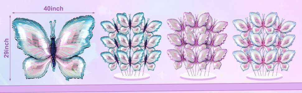 Four arrangements of butterfly-shaped foil balloons, one large single balloon and three groups of twelve balloons, with dimensions indicated.