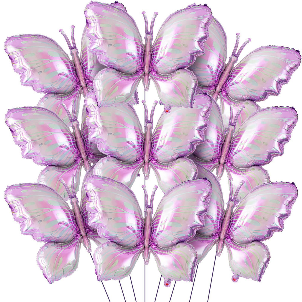 A cluster of 12 purple gradient butterfly foil balloons arranged in a grid formation against a white background.