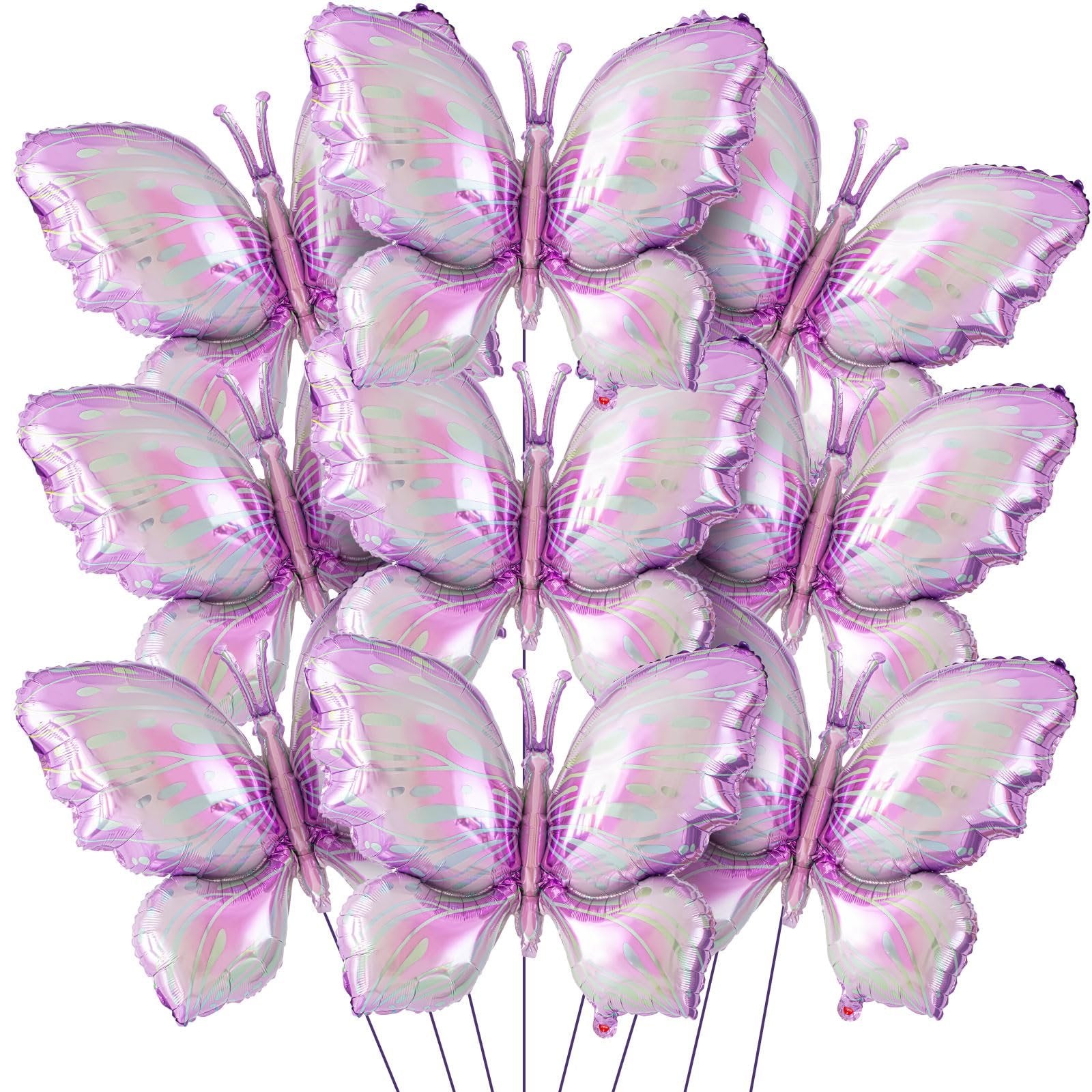 A cluster of 12 purple gradient butterfly foil balloons arranged in a grid formation against a white background.