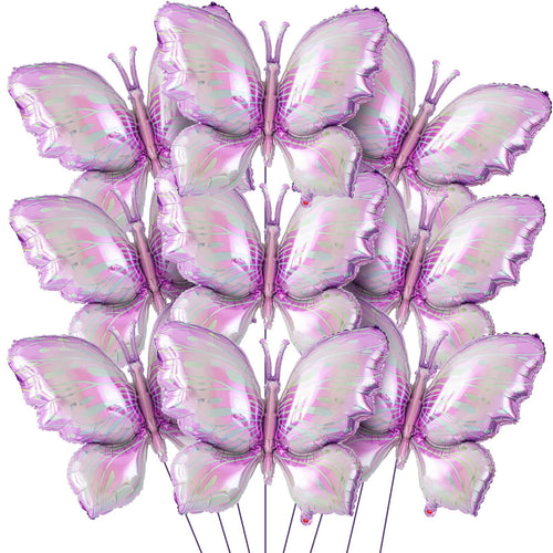 A cluster of 12 purple gradient butterfly foil balloons arranged in a grid formation against a white background.