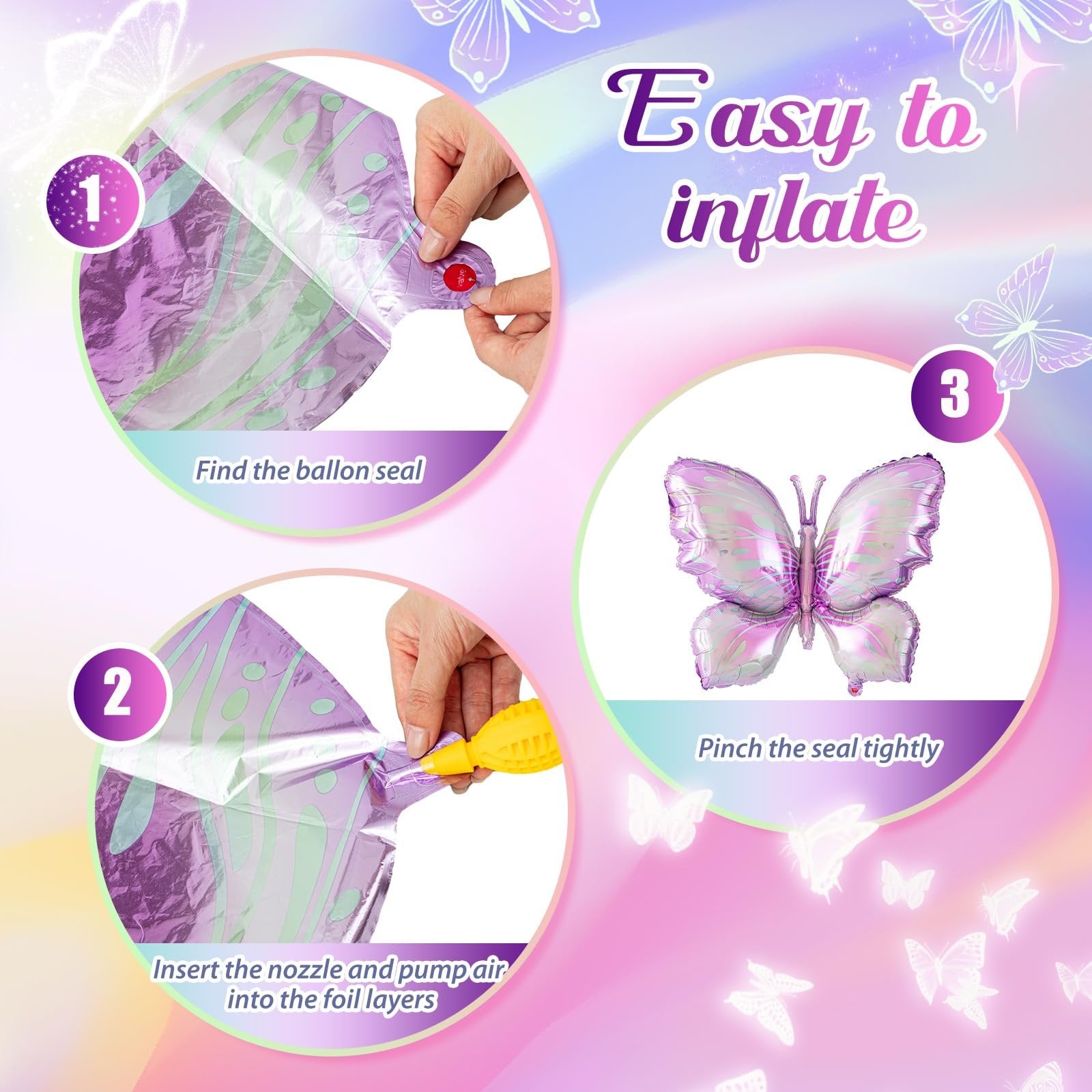 Instructions for inflating a purple gradient butterfly foil balloon, showing three steps with text.