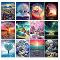 Collage of 12 diamond painting kit designs featuring landscapes, fantasy scenes, and nature.