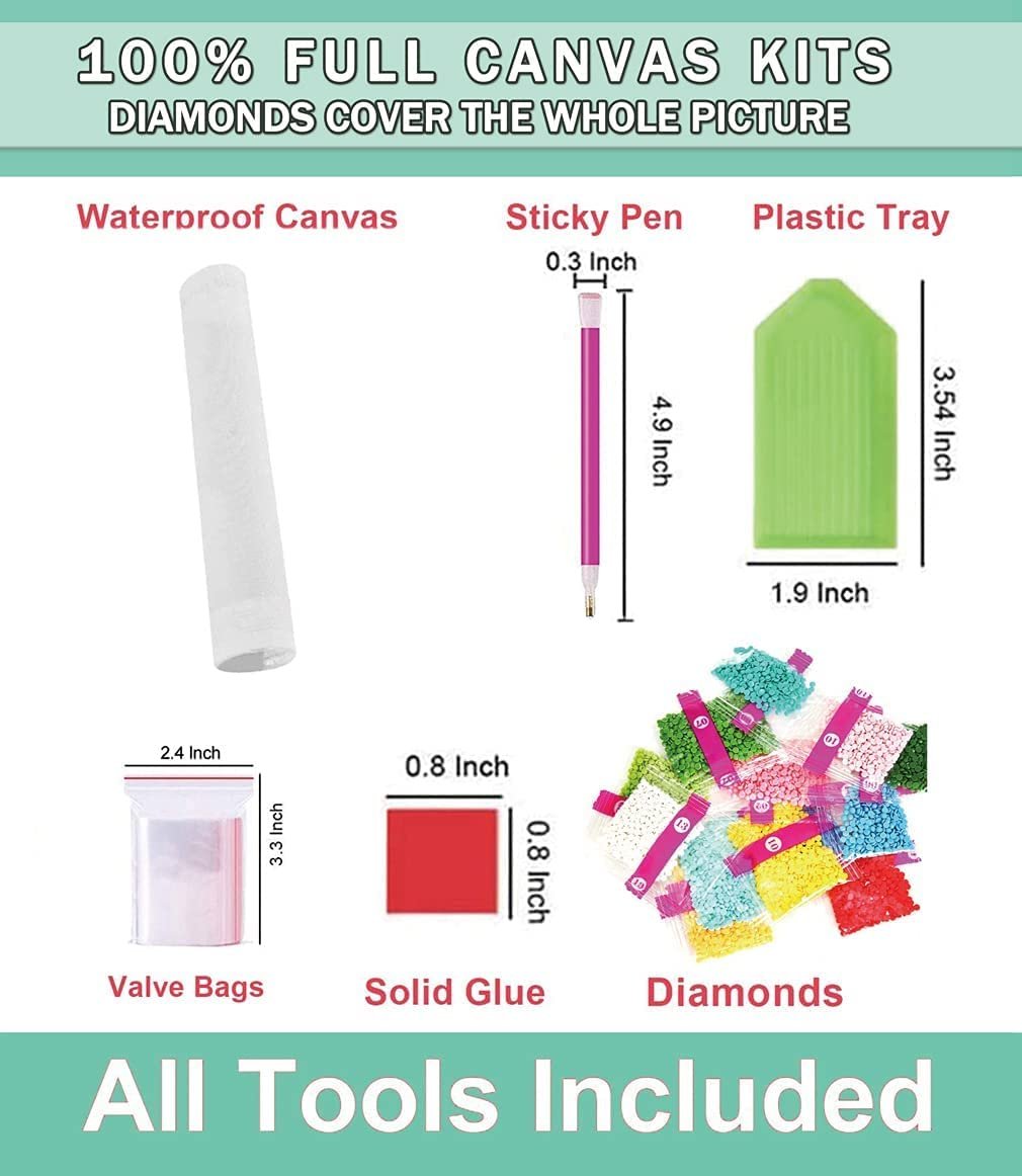 Diamond painting kit contents including waterproof canvas, sticky pen, plastic tray, valve bags, solid glue, and colorful diamonds.
