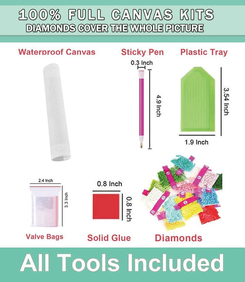 Diamond painting kit contents including waterproof canvas, sticky pen, plastic tray, valve bags, solid glue, and colorful diamonds.