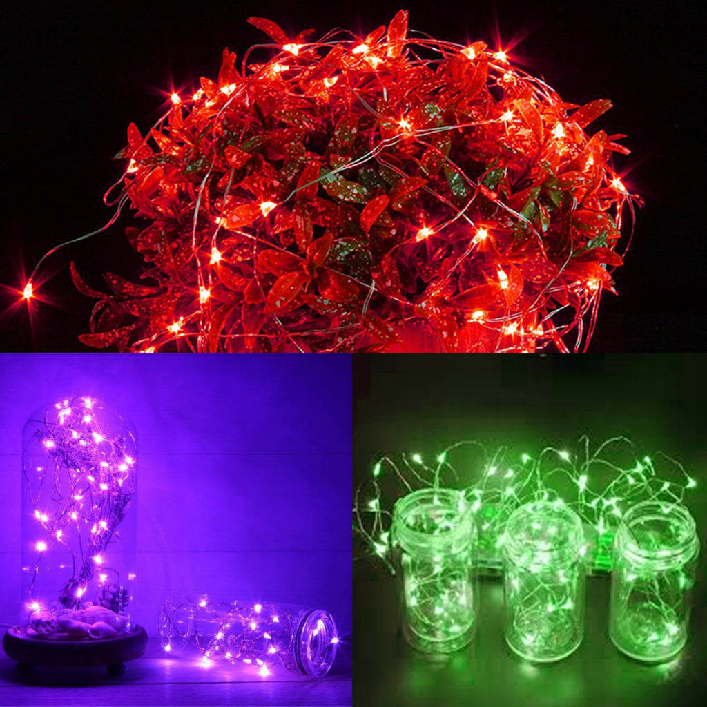 Collage of battery operated fairy lights in red, purple, and green, displayed in various decorative settings.