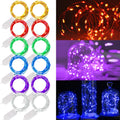 Collage of multicolor battery-operated fairy lights, showing coiled strings in yellow, red, green, blue, purple, and white on the left, and close-ups of red, purple, and blue lights in decorative settings on the right.