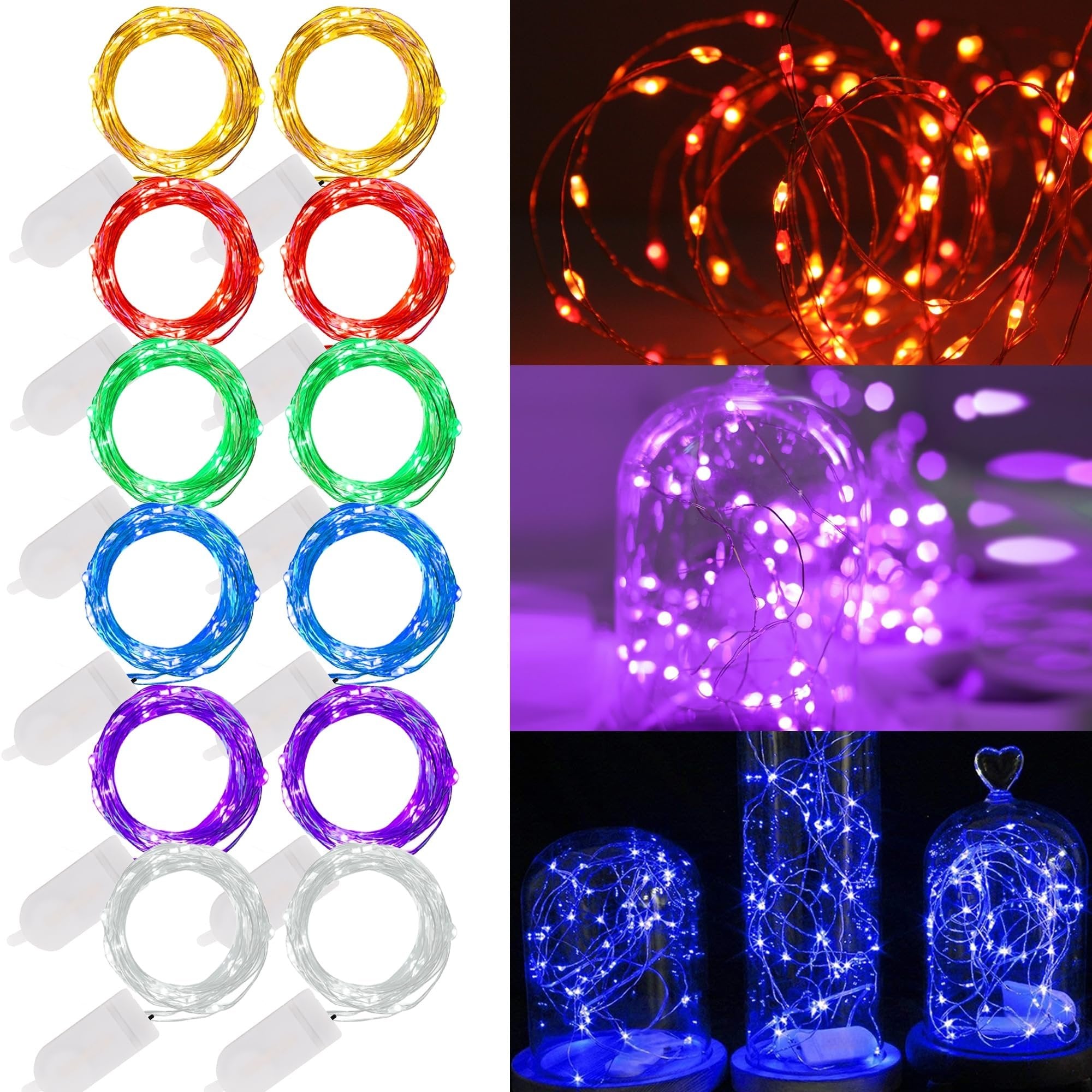 Collage of multicolor battery-operated fairy lights, showing coiled strings in yellow, red, green, blue, purple, and white on the left, and close-ups of red, purple, and blue lights in decorative settings on the right.