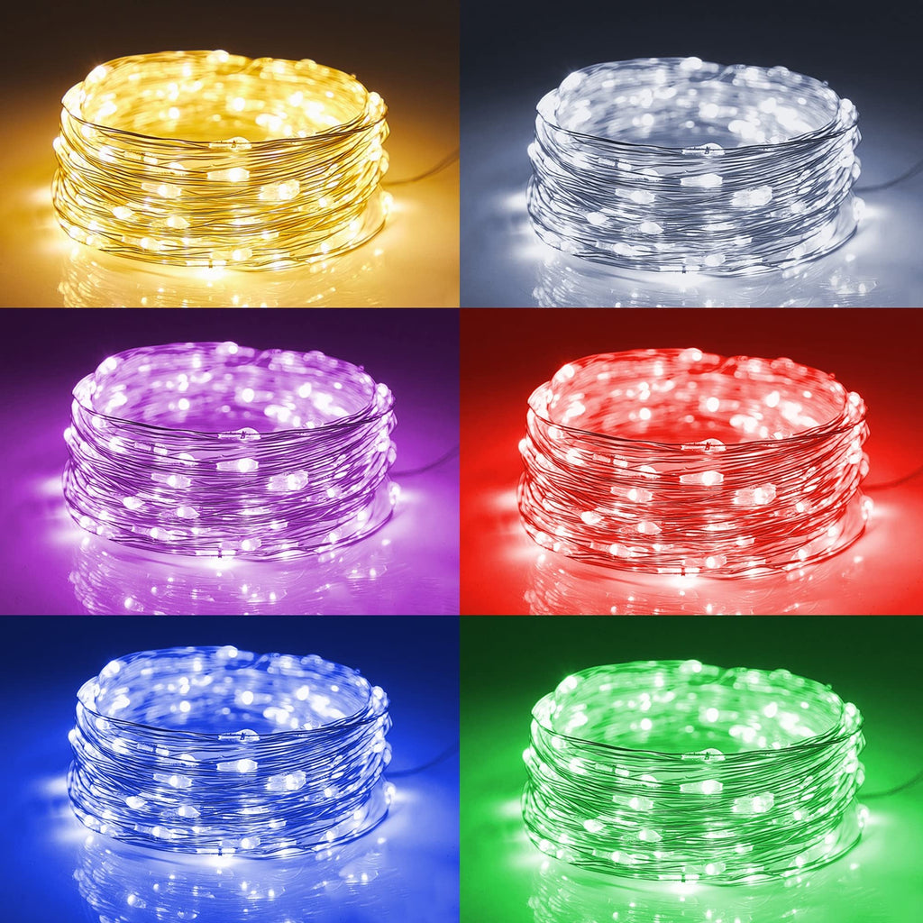 Collage of six spools of battery-operated LED fairy lights in yellow, white, purple, red, blue, and green.