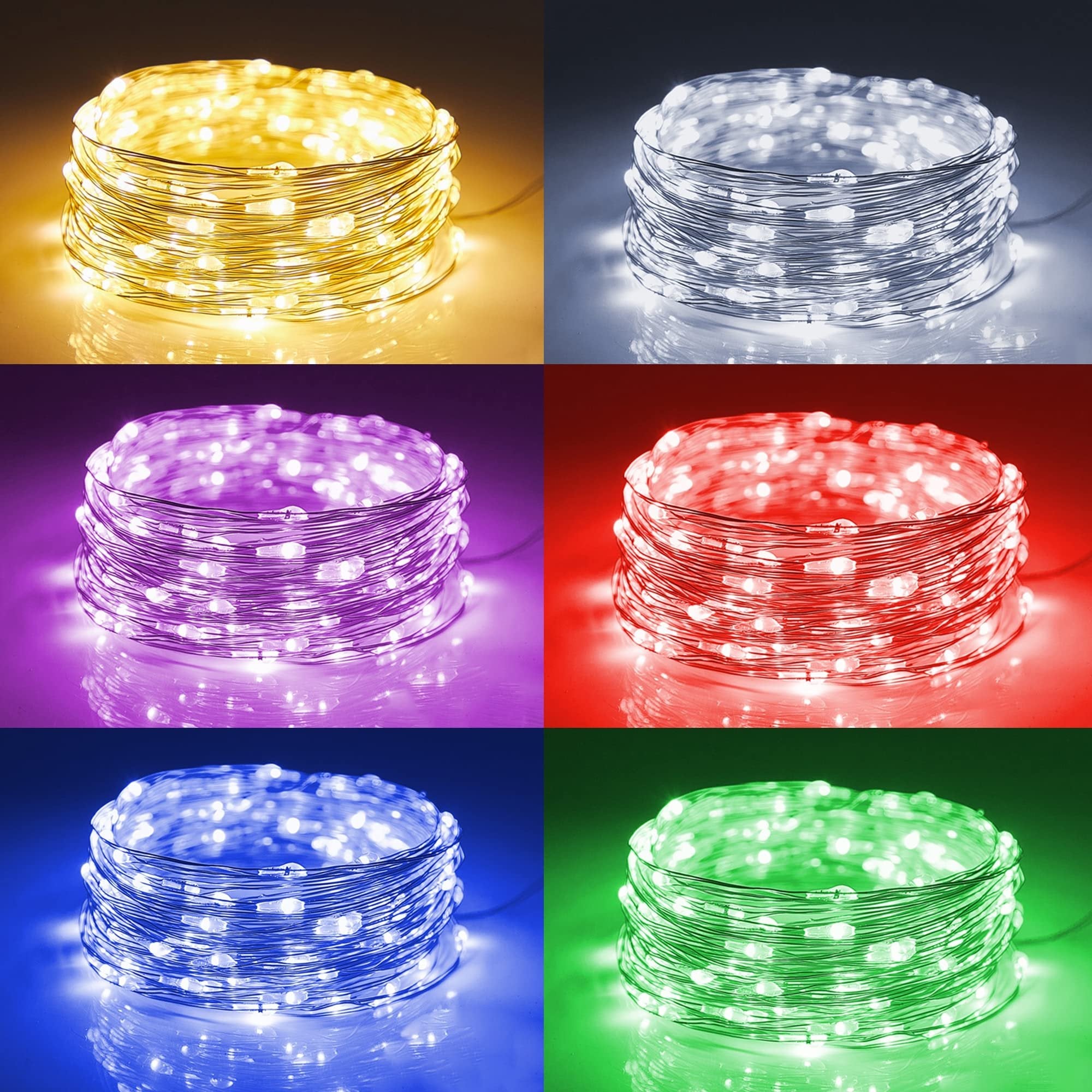 Collage of six spools of battery-operated LED fairy lights in yellow, white, purple, red, blue, and green.