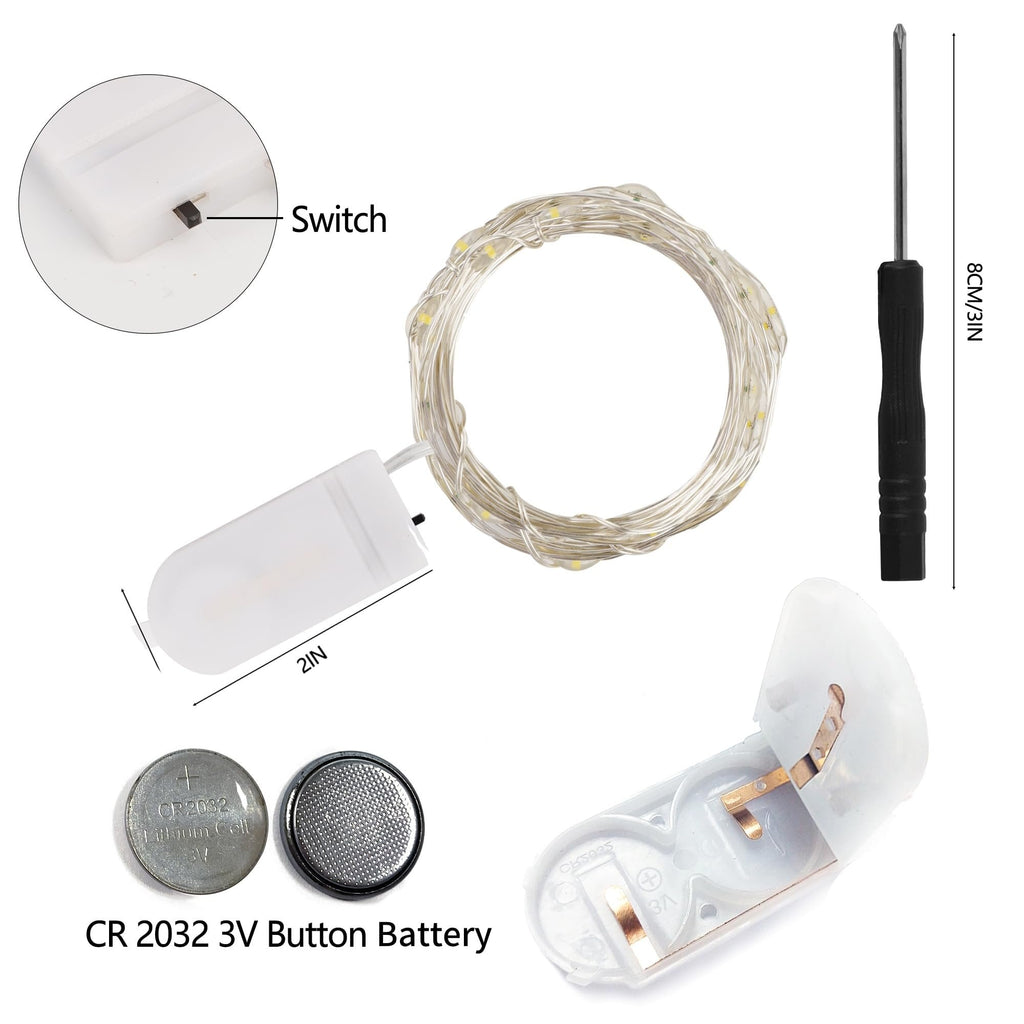 Battery operated fairy lights with components including battery compartment, CR 2032 button battery, and screwdriver.
