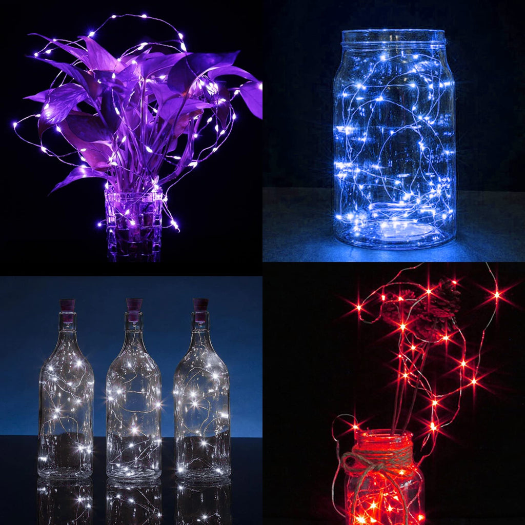 Collage of four decorative lighting arrangements: purple lights in plants, blue lights in a jar, white lights in bottles, and red lights in a jar.