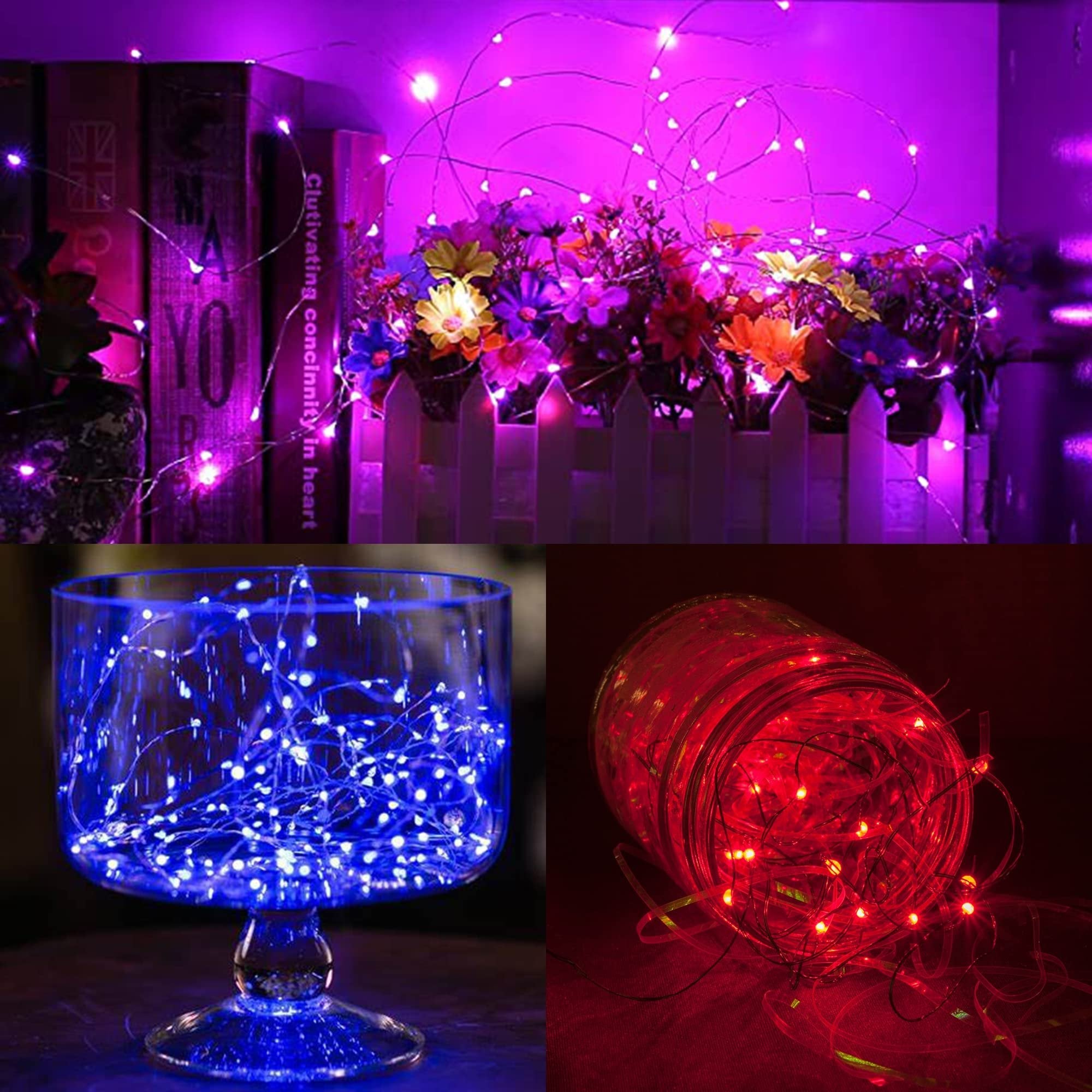 Collage of battery-operated fairy lights: purple lights draped over books and flowers, blue lights in a glass vase, and red lights in a jar.