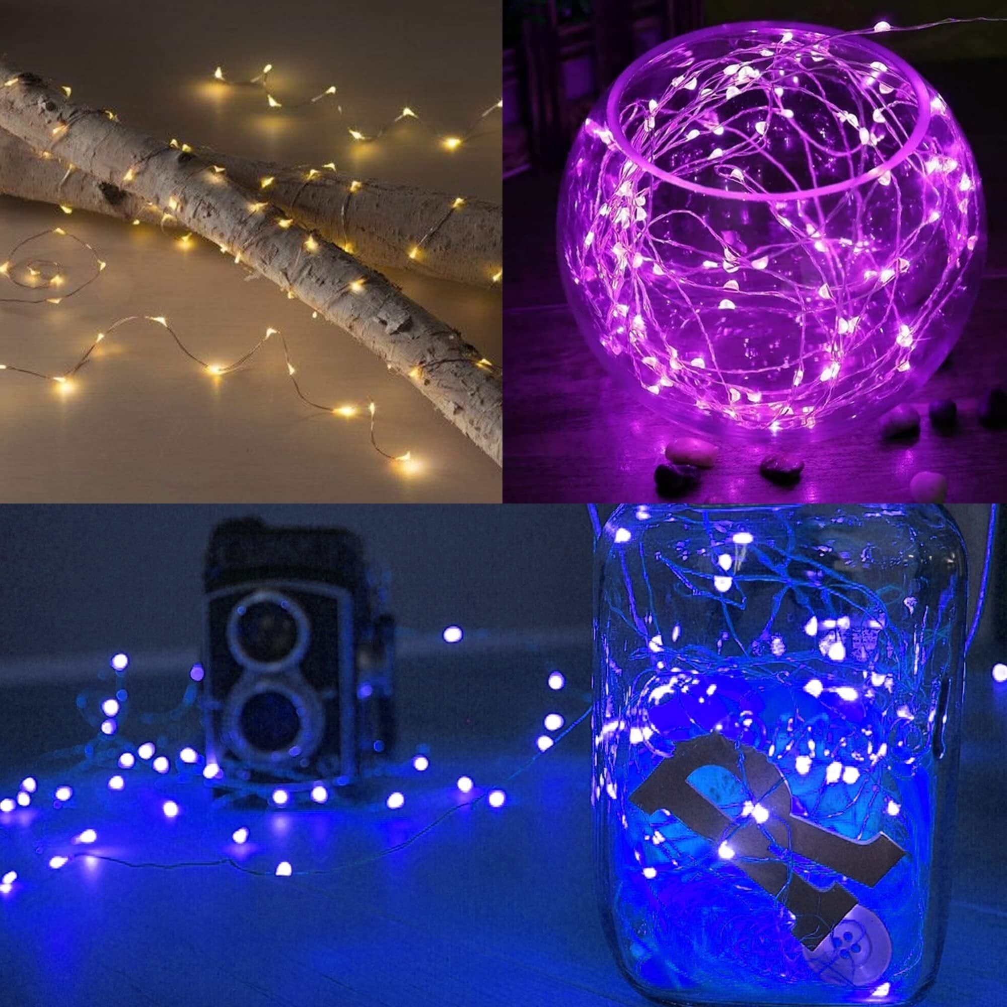 Collage of battery-operated fairy lights in various settings: warm white lights on birch logs, purple lights in a glass bowl, and blue lights around a vintage camera and in a jar.