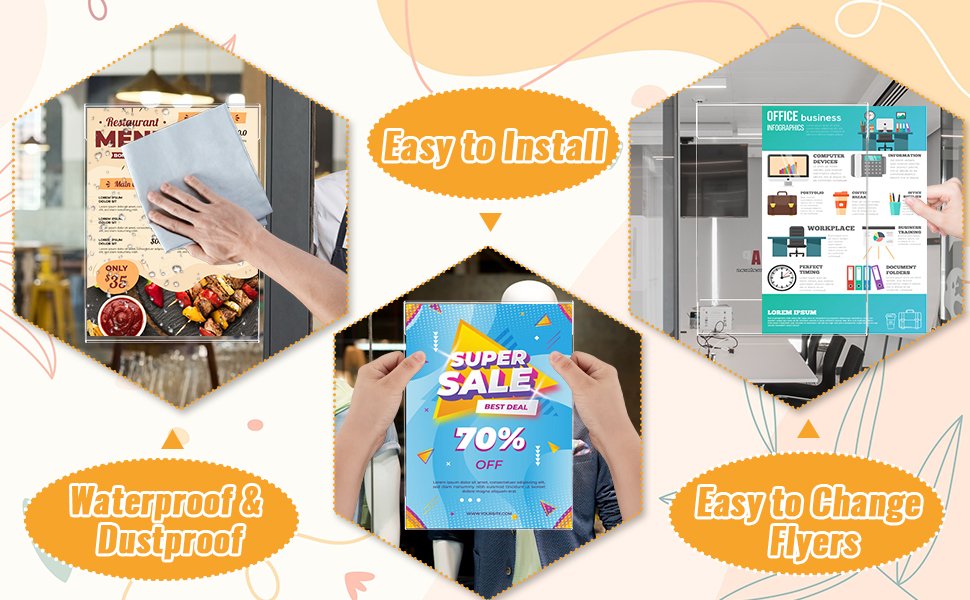 Collage showing acrylic sign holders in use: cleaning a menu holder, displaying a sale flyer, and attaching an office infographic to a glass door.