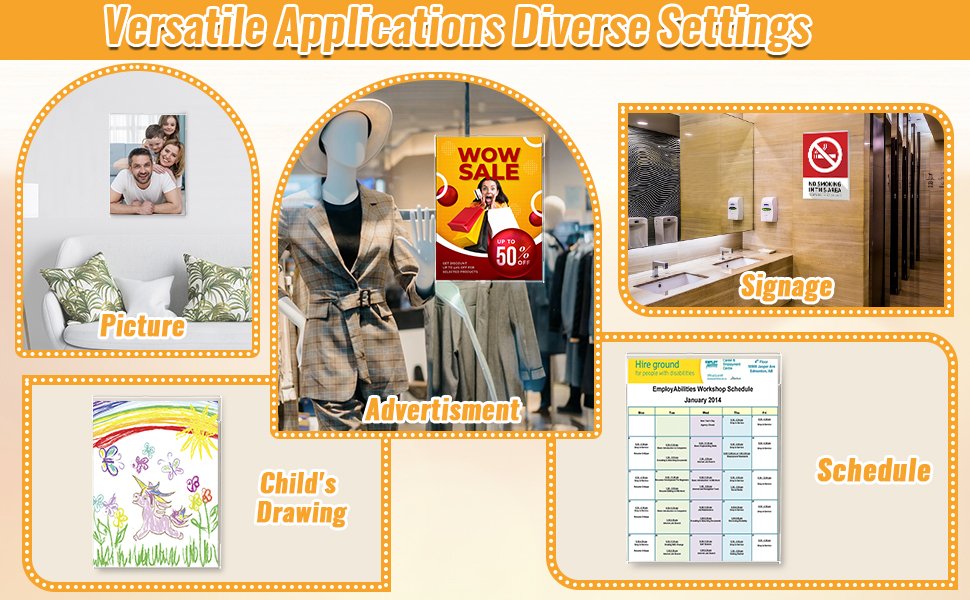 Collage showing versatile applications of sign holders: family picture on wall, retail advertisement, bathroom signage, child's drawing, and workshop schedule.