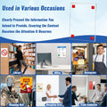 Collage showing acrylic sign holders used in various locations like library, office, restaurant, shopping mall, reception, and trade exhibition.
