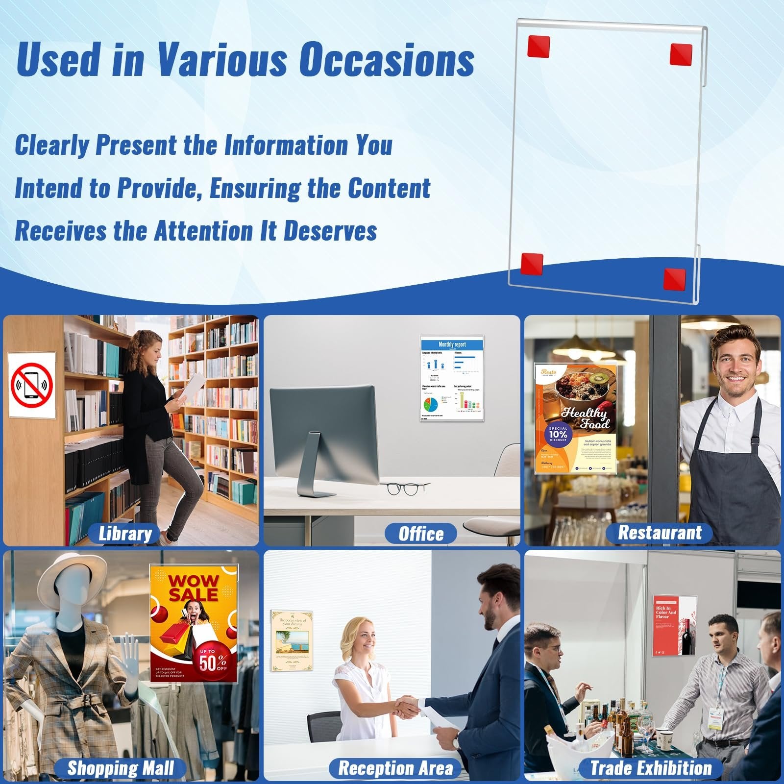 Collage showing acrylic sign holders used in various locations like library, office, restaurant, shopping mall, reception, and trade exhibition.