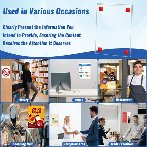 Collage showing acrylic sign holders used in various locations like library, office, restaurant, shopping mall, reception, and trade exhibition.