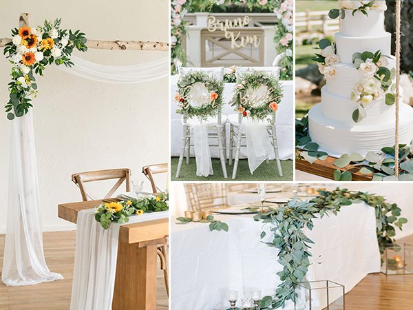 Collage of wedding decor featuring artificial eucalyptus garlands, sunflowers, and a tiered cake.