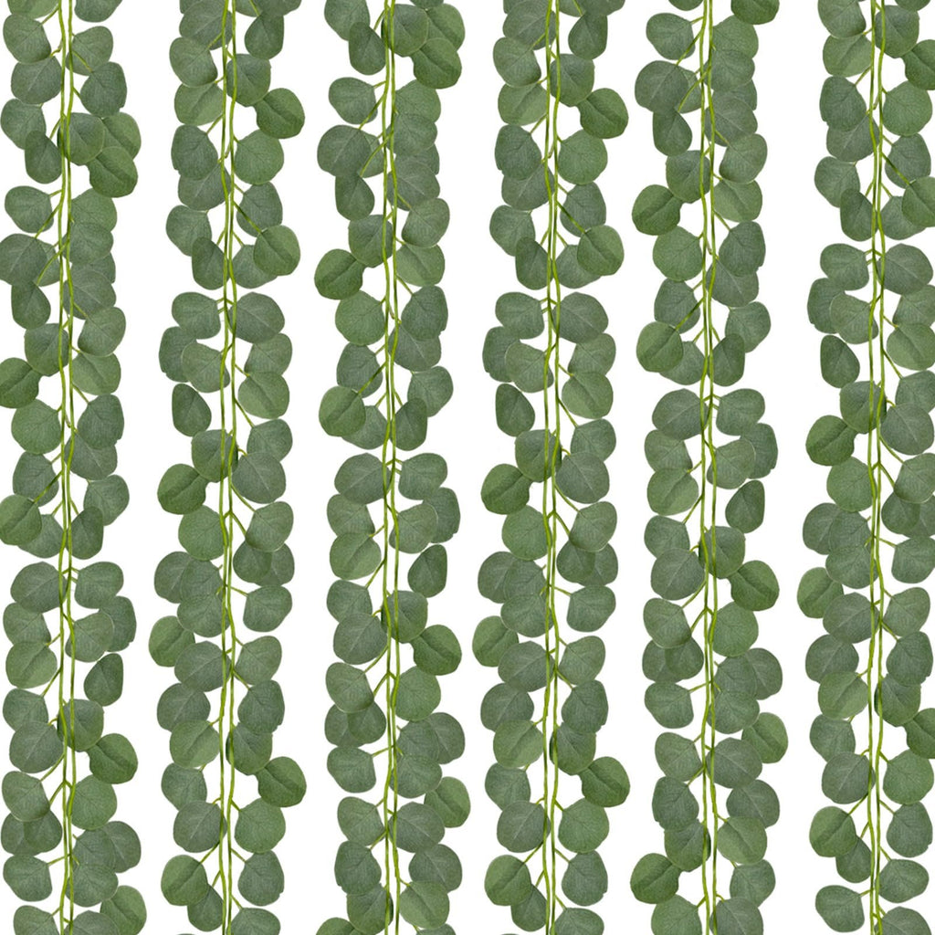 Artificial eucalyptus garland strands with round green leaves against a white background, multiple strands shown vertically.