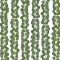 Artificial eucalyptus garland strands with round green leaves against a white background, multiple strands shown vertically.