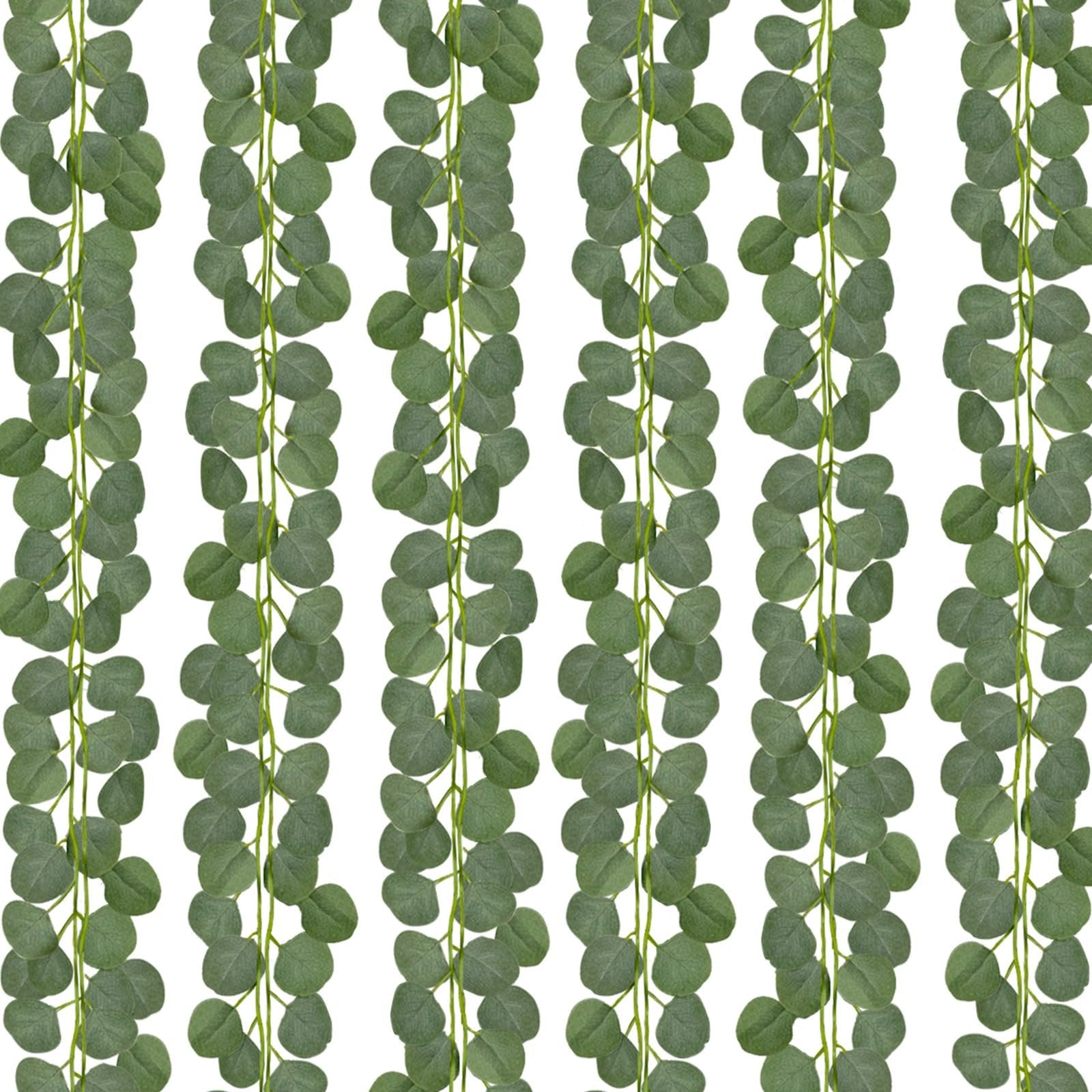 Artificial eucalyptus garland strands with round green leaves against a white background, multiple strands shown vertically.