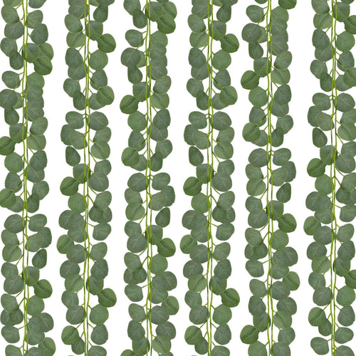 Artificial eucalyptus garland strands with round green leaves against a white background, multiple strands shown vertically.